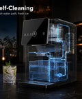Countertop Nugget Ice Machine 33 Lbs Quick Freeze Cycle Producing Soft Chewable Squares With Hassle Free Push Button Start Self Drain Unit Brushed Steel Finish, showing self-cleaning feature and clear water path.