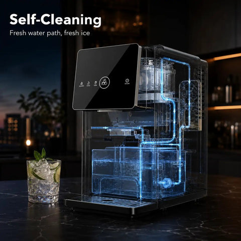 Countertop Nugget Ice Machine 33 Lbs Quick Freeze Cycle Producing Soft Chewable Squares With Hassle Free Push Button Start Self Drain Unit Brushed Steel Finish, showing self-cleaning feature and clear water path.