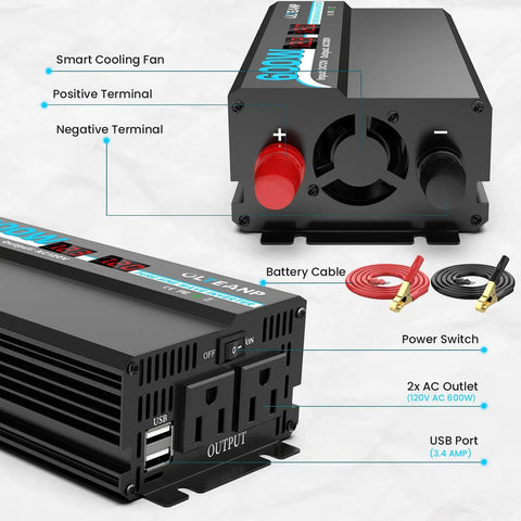 600W Pure Sine Wave Inverter for Cars and Homes, 12V DC to 120V AC Converter with 2 AC Outlets, USB Ports, and LCD Display