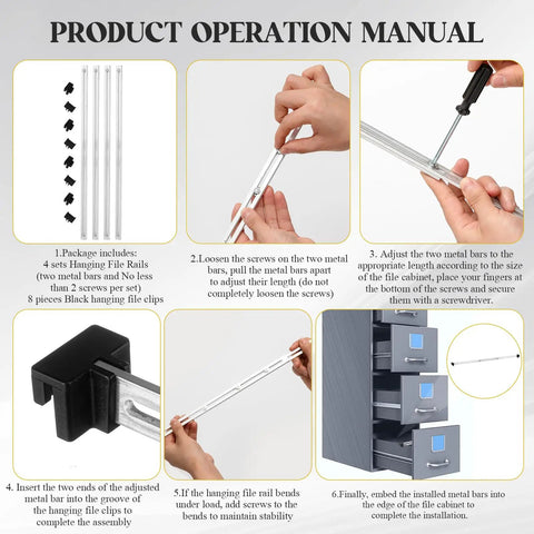 Built Tough Metal File Cabinet Rails 12 Pack Silver Adjustable Drawer Slides 10 To 18 Inch Smooth Roll Heavy Duty Office Storage Hardware Quick Grip No Sweat Setup Folder Organizer operation manual with assembly steps.