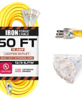 Beefy Heavy Duty 50 Foot Lighted Outdoor Extension Cord with 3 Outlets, 12/3 SJTW Yellow Cable, 3 Prong Grounded Plug shown coiled