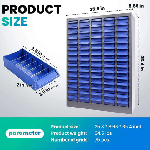 75 Drawer Parts Cabinet With Alloy Steel Frame For Heavy Duty Bolt And Nut Tool Organization in workshop or garage.