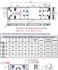 Diagram of TH16 linear slide platform dimensions, materials, and configurations for industrial use with AL 6061 aluminum.