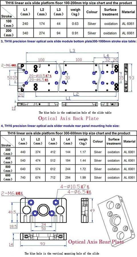 Diagram of TH16 linear slide platform dimensions, materials, and configurations for industrial use with AL 6061 aluminum.