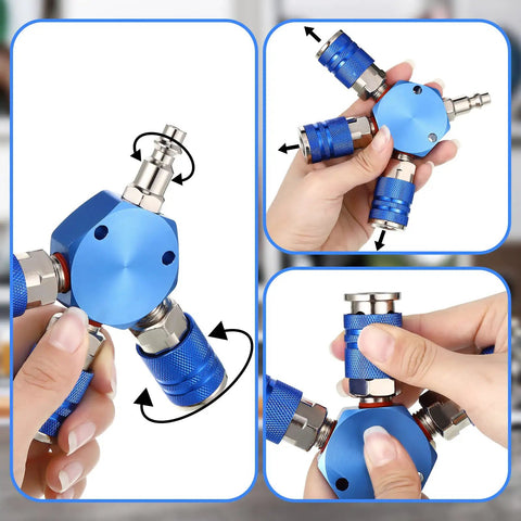 Three Way Air Hose Manifold Connectors One Quarter Inch NPT Compressor Fittings High Pressure Metal Swivel 360 Degrees Blue Two Pack Durable Air Tool Splitter And Quick Connects For Home Garage Use, blue 3-way swivel manifold