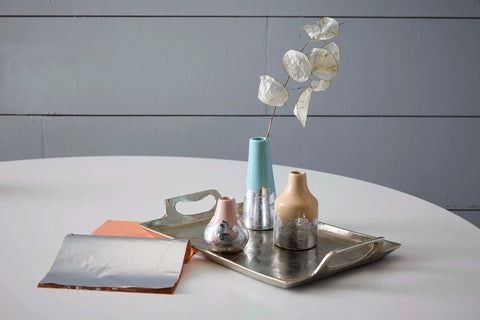 Speedball Mona Lisa water-based sealer 2 oz; still-life with metallic-leafed ceramic vases on a silver tray.