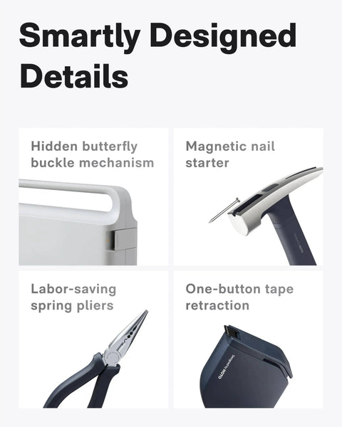 Smartly designed details of 16 Piece Home Tool Kit With Storage Box Essential Hand Tools Set including hidden buckle and magnetic features.