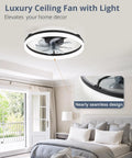 20 Inch Black Bladeless Ceiling Fan Drops Slick Integrated Looks With A Clean Seamless Silhouette Plus Bright LED Lighting Effortless App Control And A Tight Flush Mount Fit Perfect For Compact Rooms Where You Want Fresh Air That Feels Crisp, installed in a stylish bedroom.