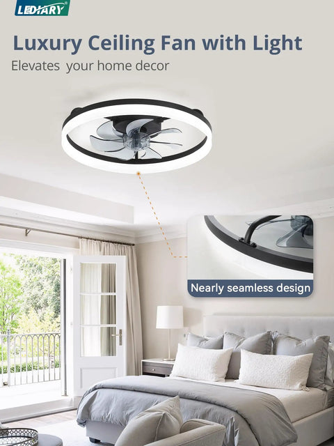 20 Inch Black Bladeless Ceiling Fan Drops Slick Integrated Looks With A Clean Seamless Silhouette Plus Bright LED Lighting Effortless App Control And A Tight Flush Mount Fit Perfect For Compact Rooms Where You Want Fresh Air That Feels Crisp, installed in a stylish bedroom.