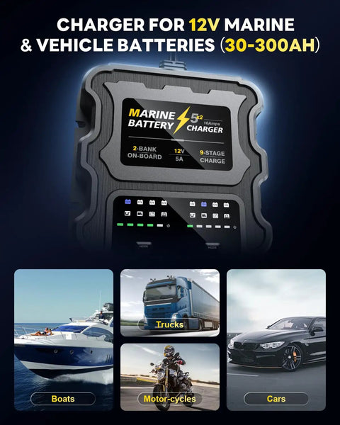 Two Bank Marine Battery Charger 12V 10A Waterproof Onboard Boat Charger With Auto Switch From Full Charge To Float close-up view