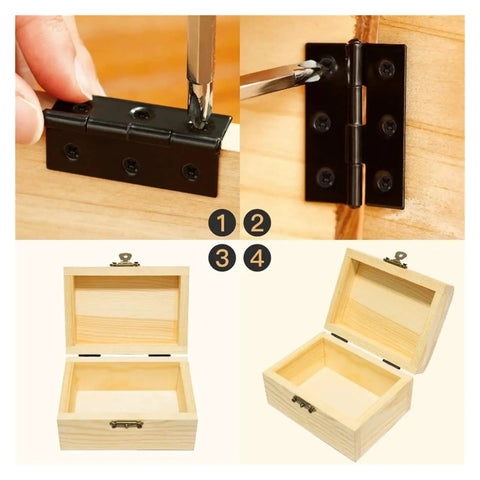 Image showing installation of black stainless steel rotating concealed hinges for doors and cabinets on wooden boxes.