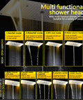 Multi functional shower head modes for Top Shelf Thermostatic Shower System With Flush Mount Ceiling Head And Dual Massage Sprayers.