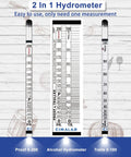 Hydrometer Alcohol Meter Kit 0 to 200 Proof and 0 to 100 Tralle With Test Jar Alcohol Proof Tester displayed with scales