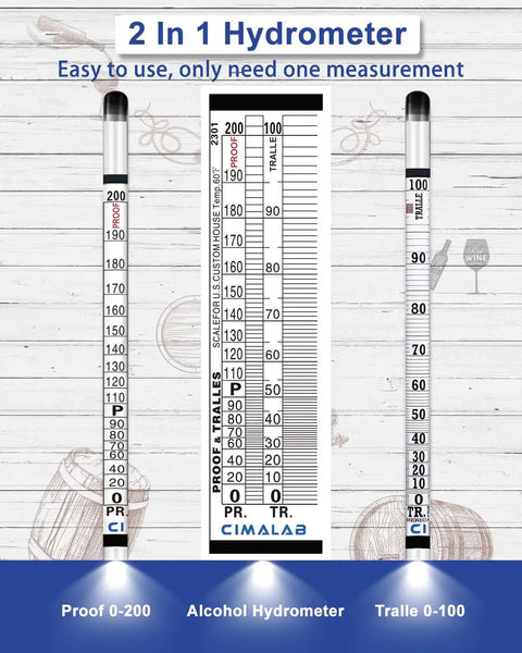 Hydrometer Alcohol Meter Kit 0 to 200 Proof and 0 to 100 Tralle With Test Jar Alcohol Proof Tester displayed with scales