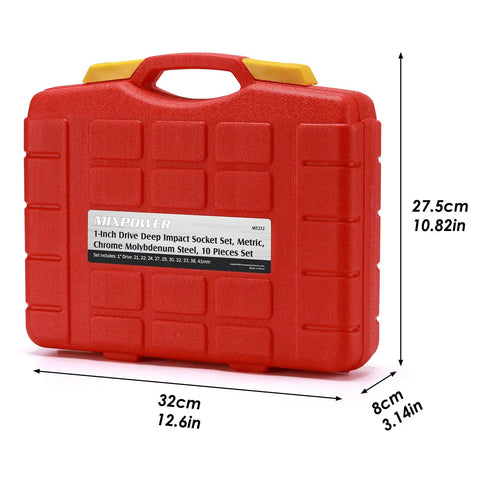 Red carrying case for 8 Piece 1 Inch Drive Deep Impact Socket Set Pro Grade Built To Last 6 Point Metric Sockets 27mm To 41mm CR MO Steel