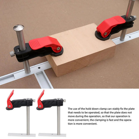 Heavy Duty Stainless Steel Hold Down Clamps For Woodworking Benchtop Setup with Quick Release Mechanism securing a wooden block.
