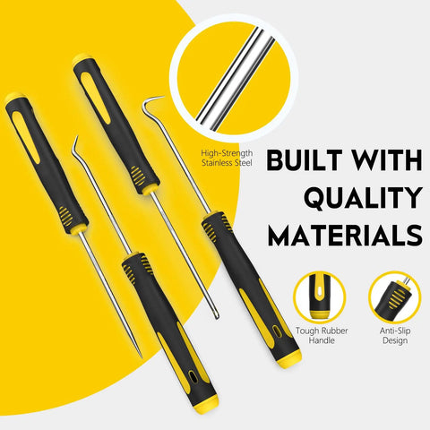 4 Piece Hook And Pick Set For Automotive And Home Repairs With Ergonomic Handles, Shop Grade Quality, Handy For Tackling Tight Spots, Includes Straight Pick Full Hook 90 Degree Hook And 135 Degree Hook, Great For O Ring Tasks, stainless steel