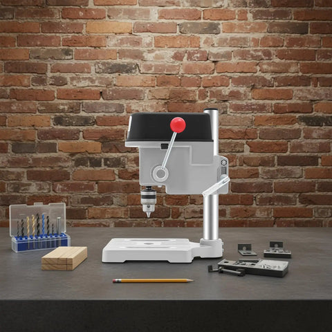 Sootvp 340W Mini Bench Drill Press With Adjustable Speed and Portable Table Design on a workbench with accessories.