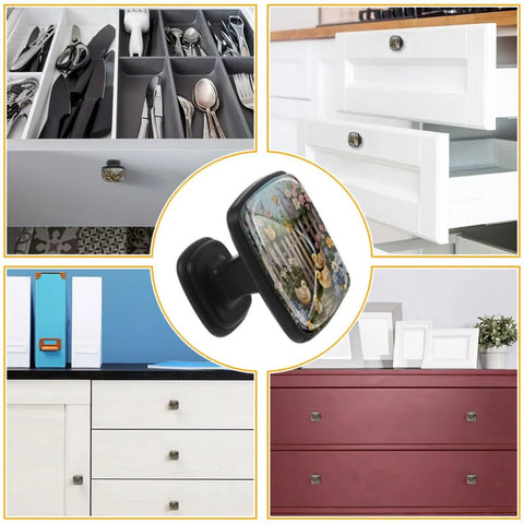 Four Pack Square Cabinet Knobs For Kitchen And Bath Spring Flower Chick Fence Style Drawer Pulls In Black Durable ABS And Glass Easy Install For Dressers Cabinets Cupboards And Wardrobes shown on drawers and cabinets