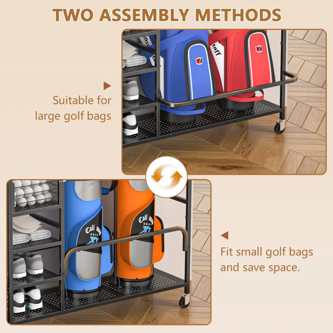 Ultra Big Capacity Golf Bag Storage Organizer for Home with two assembly methods, fitting large and small bags with shelves.