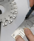 Person using Round Dual Sided Metal Sheet Gauge And Thickness Gauge 2 Pack Pro Grade Stainless Steel Welding Gauge for measurements