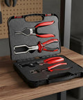 Top Notch Hose Clamp Pliers Set For Car Repair Pros, Heavy Duty Alloy Clamp Remover With Grip Handles And Carry Bag For Home Garage And Auto Work, Totally Cool Tool Kit, open case with four red-handled hose clamp pliers