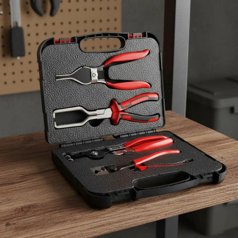 Top Notch Hose Clamp Pliers Set For Car Repair Pros, Heavy Duty Alloy Clamp Remover With Grip Handles And Carry Bag For Home Garage And Auto Work, Totally Cool Tool Kit, open case with four red-handled hose clamp pliers