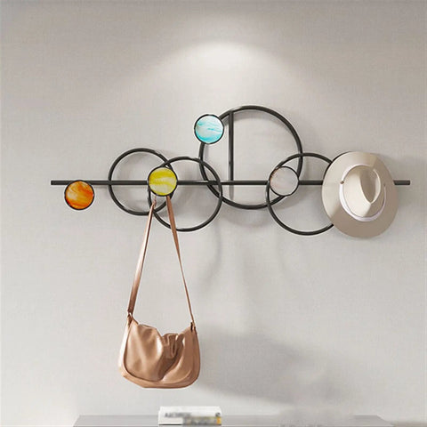Heavy Duty Metal Wall Mount Coat Hooks For Entryway Living Room Bedroom Sturdy Rack with colorful circles holding a hat and bag.