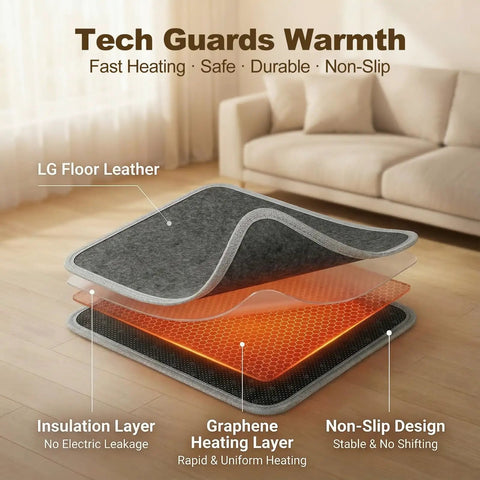 Graphene Heated Floor Mat for Cold Feet with 110V Adjustable Temperature Under Desk Electric Heater layered diagram in living room