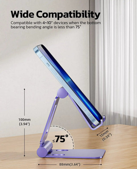 Side view of Dual Folding Phone Stand With Fully Adjustable Angles For IPhone 17 16 15 14 13 12 11 Pro Max Xs Xr X 8 And Nintendo Switch, showing adjustable arm and phone.