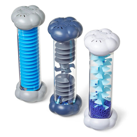 Set of three Calming Rain Sensory Tubes for Kids showing blue, gray, and white colors with fidget elements inside