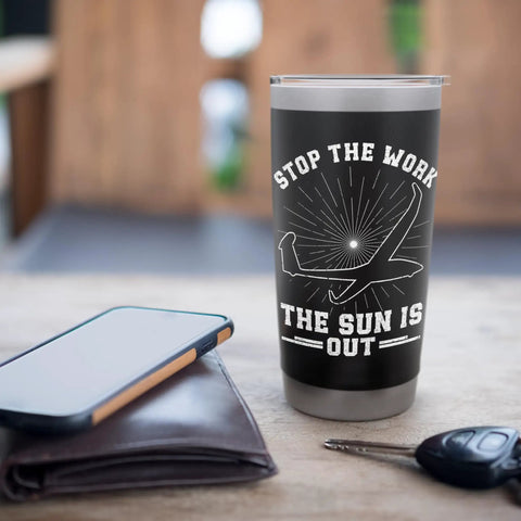 Fly High Sailplane Themed Stainless Steel Insulated Tumbler For Glider Enthusiasts And Aviation Fans with sunburst design.