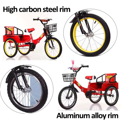 Folding Three Wheel Tricycle With Rear Passenger Seat And Backrest, Tandem Rickshaw Style Pedals, steel and alloy rims