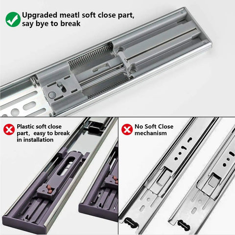 Heavy Duty Soft Close Drawer Slides 22 Inch Pair showing upgraded metal parts for durability and no soft close mechanism.