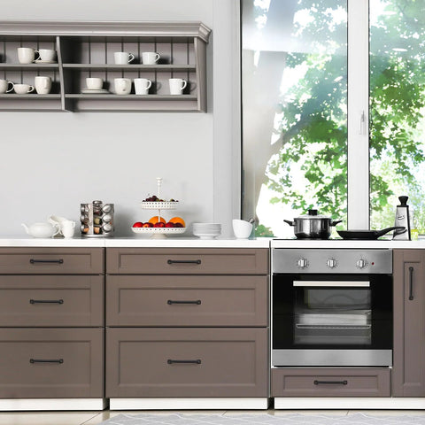 Modern kitchen with Set Of 10 Matte Black 5 Inch Arch Pulls With Curved Flat Square Design Solid Zinc Alloy Construction on drawers.