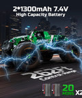 Green One Eighteen Scale All Terrain 4x4 RC Monster Truck Cranks 36 KPH With Serious Off Road Power on cityscape background