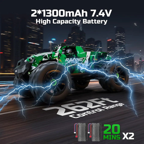 Green One Eighteen Scale All Terrain 4x4 RC Monster Truck Cranks 36 KPH With Serious Off Road Power on cityscape background