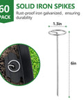 60 metal spikes for No Dig Landscape Edging Kit, 6-inch length with 1.3-inch head, shown in use securing flexible plastic border.