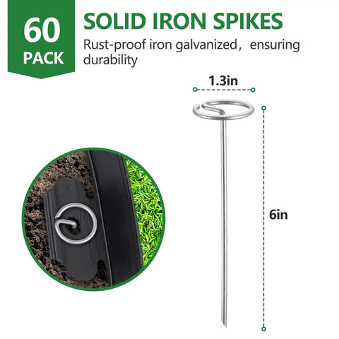 60 metal spikes for No Dig Landscape Edging Kit, 6-inch length with 1.3-inch head, shown in use securing flexible plastic border.
