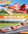 Foam RC Plane For Kids And Adults, Easy To Fly With Gyro Stabilizer, depicting two take-off modes: hand-throw and ground taxi glide.