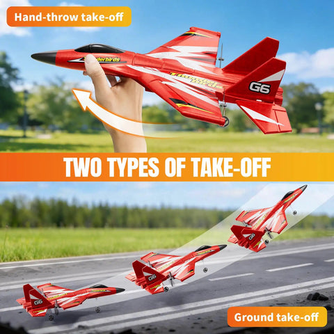 Foam RC Plane For Kids And Adults, Easy To Fly With Gyro Stabilizer, depicting two take-off modes: hand-throw and ground taxi glide.