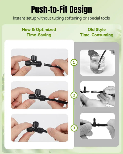 Hands connecting tubing to tee fitting in 44 Piece Quick Connect Drip Irrigation Fittings Kit For One Quarter Inch Tubing With Push To Fit Connectors Includes 10 Tees 10 Couplings 10 Elbows 10 End Plugs 2 Shut Off Valves And 2 Faucet Adapters Great For Easy DIY Garden Setup
