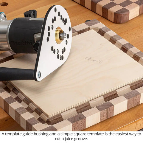 Pro Grade Juice Groove Router Template Guide Bushing features a 13 16 inch inner diameter on a template with a router.