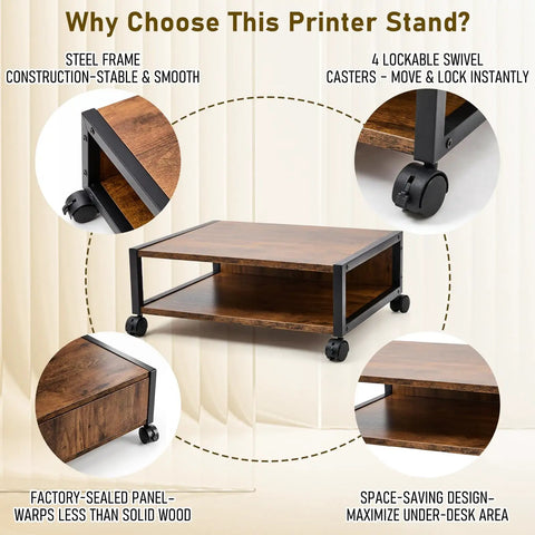 Straight Up Slick 2 Tier Printer Stand Under Desk With Easy Glide Wheels And Open Lower Shelf For A4 Paper Storage Brown Desktop Organizer Keeps Your Home Office Super Fresh And Dope