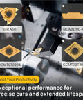 Pro Grade Indexable Lathe Turning Tool Kit With 21 Pieces Including 7 Tool Holders And 14 Carbide Inserts shown on metal lathe