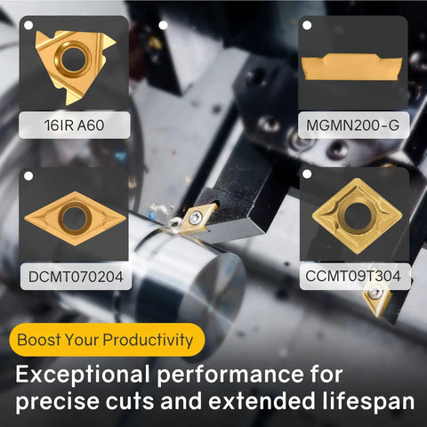 Pro Grade Indexable Lathe Turning Tool Kit With 21 Pieces Including 7 Tool Holders And 14 Carbide Inserts shown on metal lathe