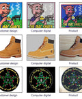 Custom Embroidery Patches To Flex Your Fresh Fits On Caps Jackets Backpacks And Tactical Uniforms With Dependable Iron Or Sew On Hook And Loop Fasteners displayed on colorful artwork and boots.