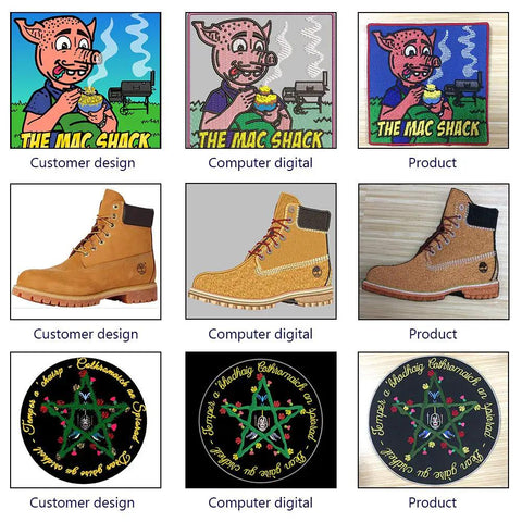 Custom Embroidery Patches To Flex Your Fresh Fits On Caps Jackets Backpacks And Tactical Uniforms With Dependable Iron Or Sew On Hook And Loop Fasteners displayed on colorful artwork and boots.