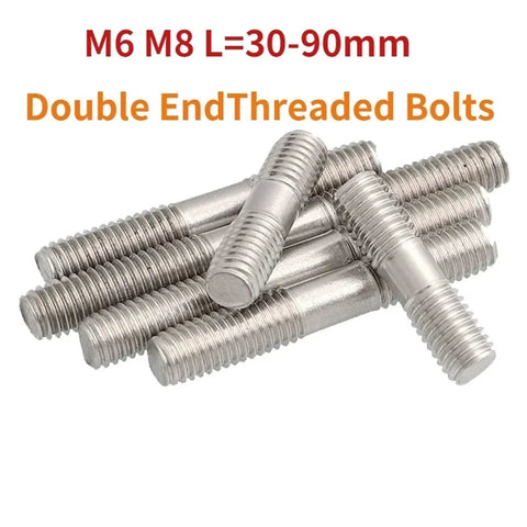 Set of 10 stainless steel double-ended threaded bolts, M6/M8, 30 mm length