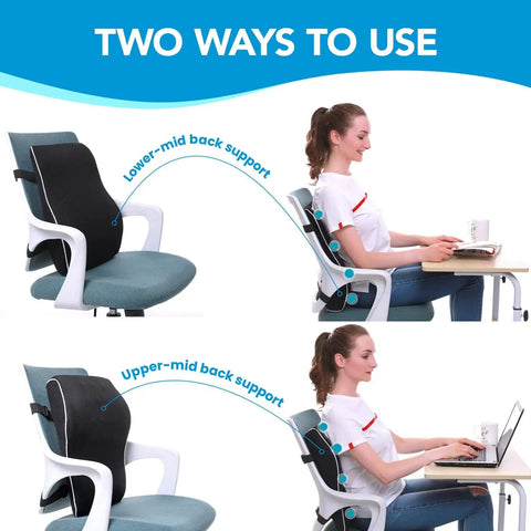 Comfortable Lumbar Support Pillow For Office Chair And Car With Mesh Cover And Double Adjustable Straps shown in use on chair